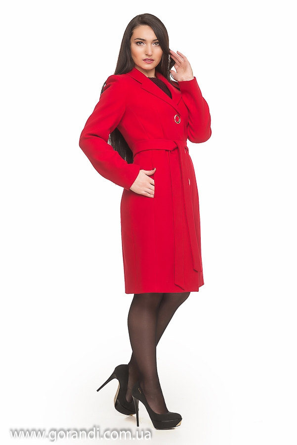 Пальто женское классическое осеннее, весеннее, демисезонное из кашемира, красное, с поясом, средней длинны, воротник пиджачного типа.Центральная застежка на 4 декоративные кнопки.Карман в шве. фото Размер: 44-54 Фото